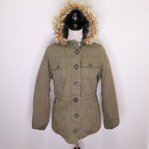 Old Navy Jacket Womens Medium Green Coat Hooded Faux Fur Trim Full Zip